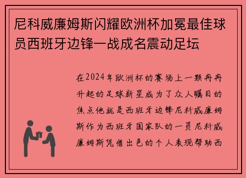 尼科威廉姆斯闪耀欧洲杯加冕最佳球员西班牙边锋一战成名震动足坛