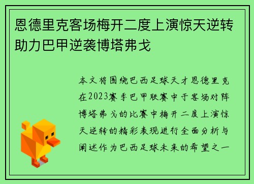 恩德里克客场梅开二度上演惊天逆转助力巴甲逆袭博塔弗戈